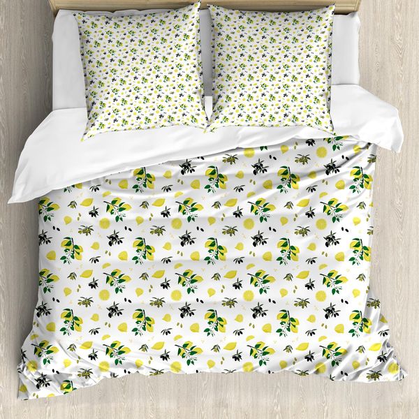 Abakuhaus Set Copripiumino Per Letto Singolo, Modello Estivo Fresh Citrus, Antiacaro, Adatto A Chi Soffre Di Allergie, Con Federa, 155 Cm X 220 Cm - 80 X 80 Cm, Verde Senape E Kaki-image