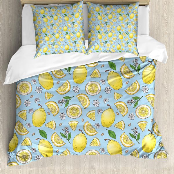 Abakuhaus Set Copripiumino Per Letto Singolo, Motivo Floreale Colorato Con Agrumi, Antiacaro E Anallergico, Con Federa, 200 Cm X 200 Cm - 80 X 80 Cm, Azzurro Pallido E Giallo Pallido-image