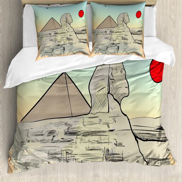 Abakuhaus Set Copripiumino Egiziano Per Letti Singoli, Arte Architettonica, Antiacaro, Adatto A Chi Soffre Di Allergie, Con Federa, 200 Cm X 200 Cm - 80 X 80 Cm, Pale Sepia Multicolor-image