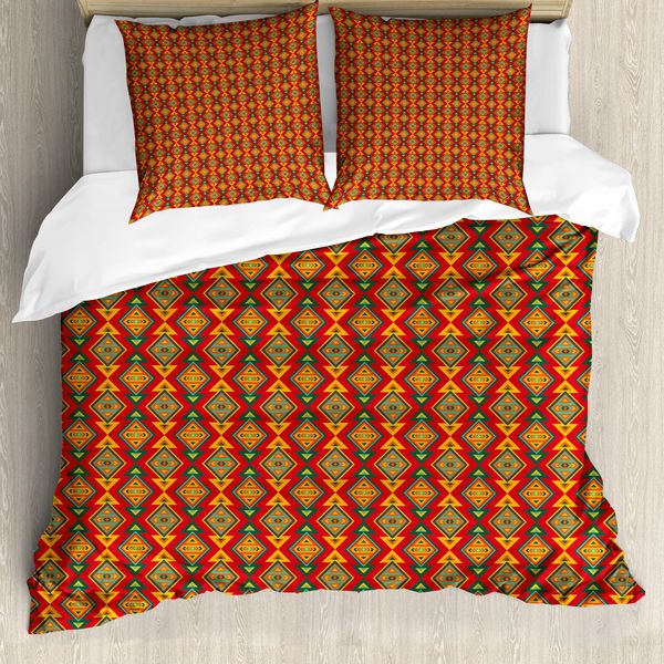 Abakuhaus Set Copripiumino Boho Per Letti Singoli, Motivo Geometrico E Tribale, Antiacaro E Anallergico Con Federa, 200 Cm X 200 Cm - 80 X 80 Cm, Verde Senape Vermiglio-image