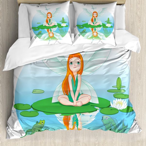 Abakuhaus Set Copripiumino Per Letti Singoli Con Motivo Rane, Fata Su Foglia Di Ninfea, Antiacaro, Adatto A Chi Soffre Di Allergie, Con Federa, 155 Cm X 220 Cm - 80 X 80 Cm, Multicolore-image