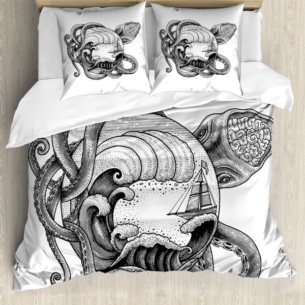 Abakuhaus Set Copripiumino Vintage Nautical Tattoo Per Letti Singoli, Motivo Polipo, Antiacaro, Adatto A Chi Soffre Di Allergie, Con Federa, 200 Cm X 200 Cm - 80 X 80 Cm, Grigio Antracite Bianco-image