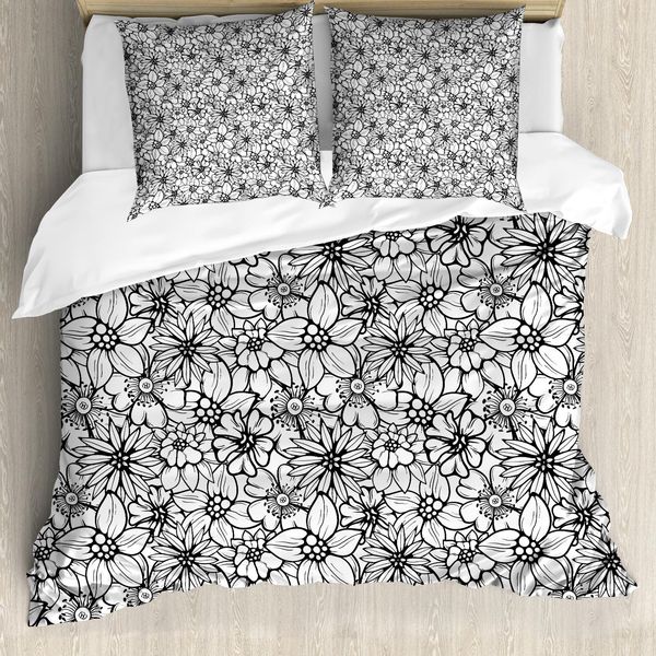 Abakuhaus Set Copripiumino Per Letto Singolo, Stile Cartone Animato Petals, Antiacaro E Anallergico Con Federa, 155 Cm X 220 Cm - 80 X 80 Cm, Grigio Antracite E Bianco-image