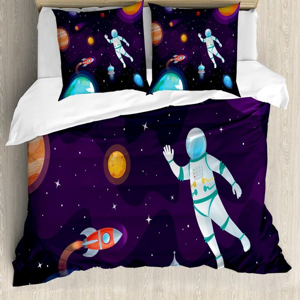 Abakuhaus Universo Set Copripiumino Per Letti Singoli, Astronauta Nello Spazio Sistema, Antiacaro Adatto A Chi Soffre Di Allergie Con Federa, 200 Cm X 200 Cm - 80 X 80 Cm, Viola Scuro Multicolore-image