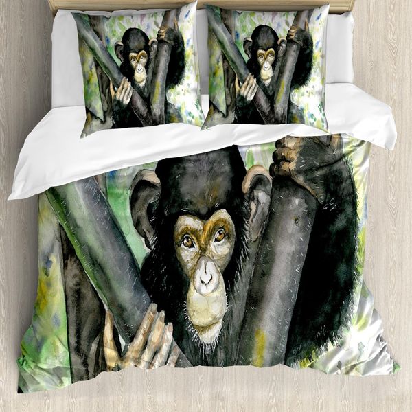 Abakuhaus Set Copripiumino Gorilla Per Letti Singoli, Acquerello Scimpanzé Bambino, Antiacaro, Adatto A Chi Soffre Di Allergie, Con Federa, 200 Cm X 200 Cm - 80 X 80 Cm, Multicolore Grigio Carbone-image