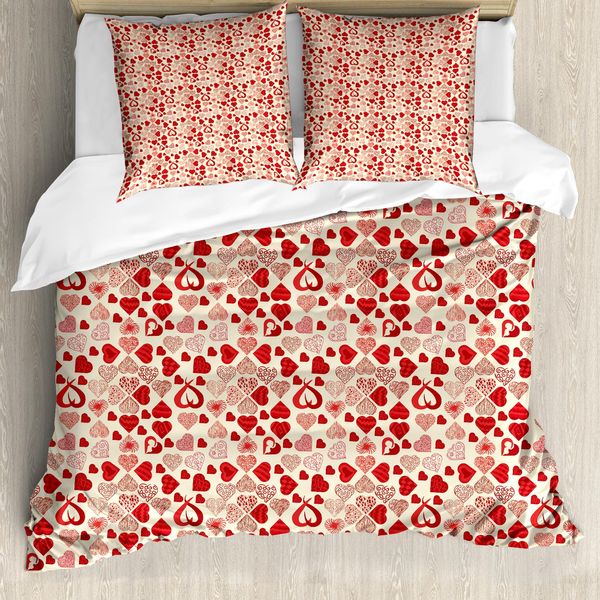 Abakuhaus Set Copripiumino Vintage Valentine Per Letti Singoli, Cuori Creativi, Antiacaro, Adatto A Chi Soffre Di Allergie, Con Federa, 155 Cm X 220 Cm - 80 X 80 Cm, Color Crema Vermiglio-image