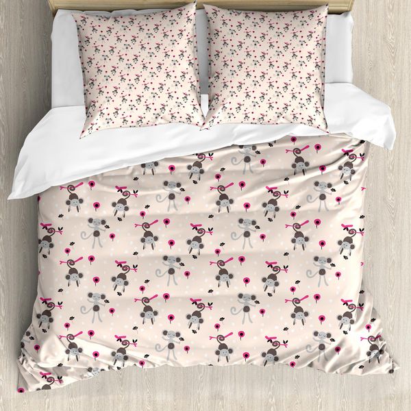 Abakuhaus Affe Set Copripiumino Per Letti Singoli, Scimmiette Divertenti E Pois, Antiacaro, Adatto A Chi Soffre Di Allergie, Con Federa, 200 Cm X 200 Cm - 80 X 80 Cm, Champagne Multicolor-image