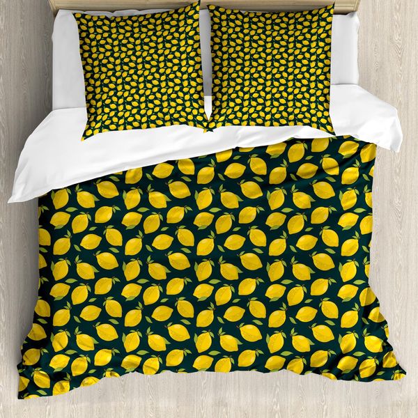 Abakuhaus Set Copripiumino Per Letto Singolo, Motivo Agrumi Con Foglie, Antiacaro E Anallergico, Con Federa, 155 Cm X 220 Cm - 80 X 80 Cm, Verde Acqua Scuro E Giallo-image