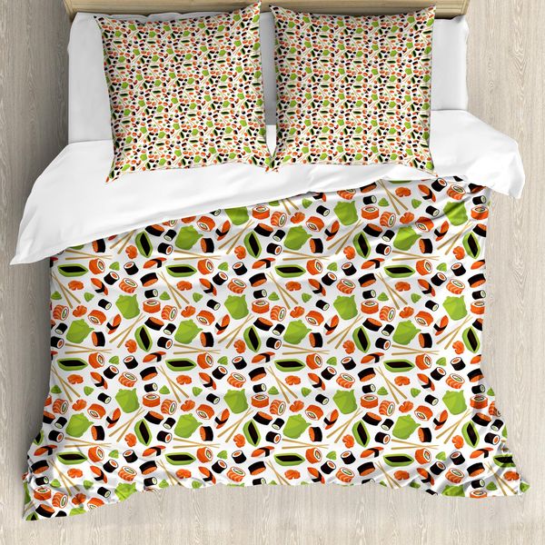 Abakuhaus Set Copripiumino Wasabi Per Letti Singoli, Motivo Cucina, Antiacaro, Adatto A Chi Soffre Di Allergie, Con Federa, 200 Cm X 200 Cm - 80 X 80 Cm, Salmone Lime Verde Bianco-image