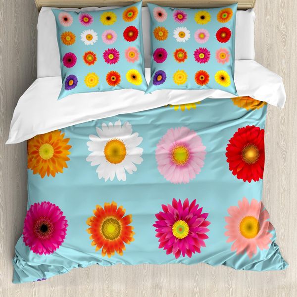 Abakuhaus Set Copripiumino Gerber Daisy Per Letti Singoli, Fiori Blooms, Antiacaro, Adatto A Chi Soffre Di Allergie, Con Federa, 155 Cm X 220 Cm - 80 X 80 Cm, Blu Pallido Multicolore-image
