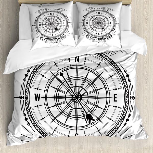 Abakuhaus Set Copripiumino Vintage Nautical Tattoo Per Letti Singoli, Monochrome Compass, Antiacaro E Anallergico Con Federa, 200 Cm X 200 Cm - 80 X 80 Cm, Grigio Antracite E Bianco-image