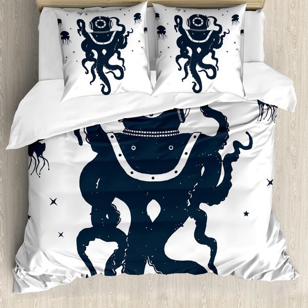 Abakuhaus Set Copripiumino Vintage Nautical Tattoo Per Letti Singoli, Costume Da Polipo, Antiacaro, Adatto A Chi Soffre Di Allergie, Con Federa, 155 Cm X 220 Cm - 80 X 80 Cm, Viola Scuro, Blu, Bianco-image