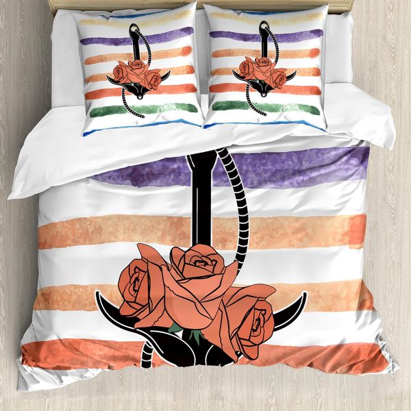 Abakuhaus Set Copripiumino Vintage Nautical Tattoo Per Letti Singoli, Rose, Fiori E Ancore, Antiacaro, Adatto A Chi Soffre Di Allergie, Con Federa, 200 Cm X 200 Cm - 80 X 80 Cm, Multicolore-image