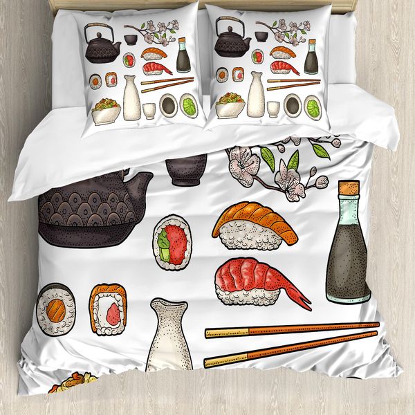Abakuhaus Set Copripiumino Wasabi Per Letti Singoli, Teiera Giapponese Sakura Sushi, Antiacaro, Adatto A Chi Soffre Di Allergie, Con Federa, 155 Cm X 220 Cm - 80 X 80 Cm, Multicolore-image