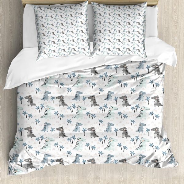 Abakuhaus Set Copripiumino Dino Per Letti Singoli, Cartone Animato Ritmico Con Dinosauri, Antiacaro, Adatto A Chi Soffre Di Allergie, Con Federa, 200 Cm X 200 Cm - 80 X 80 Cm, Bianco Multicolore-image