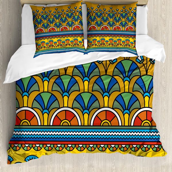 Abakuhaus Set Copripiumino Egiziano Per Letti Singoli, Motivo Ornamentale Colorato, Antiacaro, Adatto A Chi Soffre Di Allergie, Con Federa, 155 Cm X 220 Cm - 80 X 80 Cm, Giallo Scuro Multicolore-image