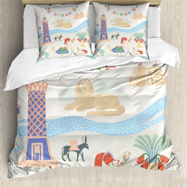Abakuhaus Set Copripiumino Egiziano Per Letti Singoli, Attrazioni Turistiche Dell'egitto, Antiacaro, Adatto A Chi Soffre Di Allergie, Con Federa, 155 Cm X 220 Cm - 80 X 80 Cm, Multicolore-image