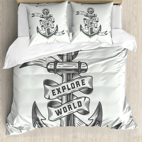 Abakuhaus Set Copripiumino Vintage Nautical Tattoo Per Letti Singoli, Anchor Avventuroso, Antiacaro, Adatto A Chi Soffre Di Allergie, Con Federa, 200 Cm X 200 Cm - 80 X 80 Cm, Verde Menta Chiaro Grigio-image