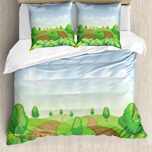 Abakuhaus Set Copripiumino Per Letti Singoli Outdoor Scene, Campi Idilliaci, Antiacaro, Adatto A Chi Soffre Di Allergie, Con Federa, 200 Cm X 200 Cm - 80 X 80 Cm, Verde Lime Multicolore-image