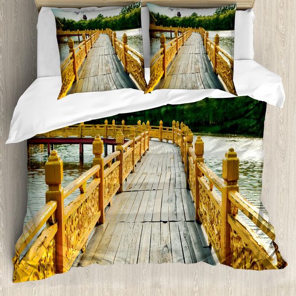 Abakuhaus Set Copripiumino Per Letto Singolo, HolzbrüCke Reisen, Antiacaro, Adatto A Chi Soffre Di Allergie, Con Federa, 200 Cm X 200 Cm - 80 X 80 Cm, Senape, Marrone Chiaro, Verde-image
