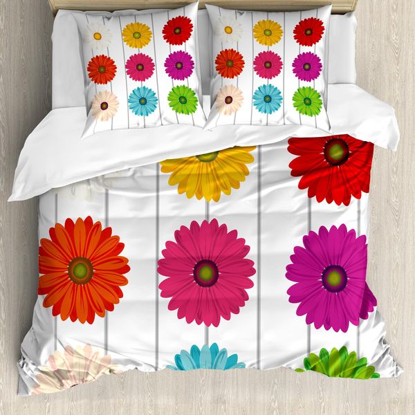 Abakuhaus Set Copripiumino Gerber Daisy Per Letti Singoli, Vivid Petals Su Strisce, Antiacaro, Adatto A Chi Soffre Di Allergie, Con Federa, 155 Cm X 220 Cm - 80 X 80 Cm, Multicolore-image