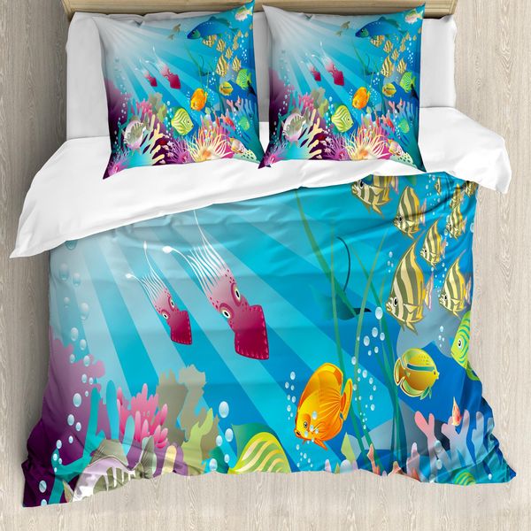 Abakuhaus Set Copripiumino Subacqueo Per Letti Singoli, Specie Ittiche Marine, Antiacaro, Adatto A Chi Soffre Di Allergie, Con Federa, 200 Cm X 200 Cm - 80 X 80 Cm, Multicolore-image