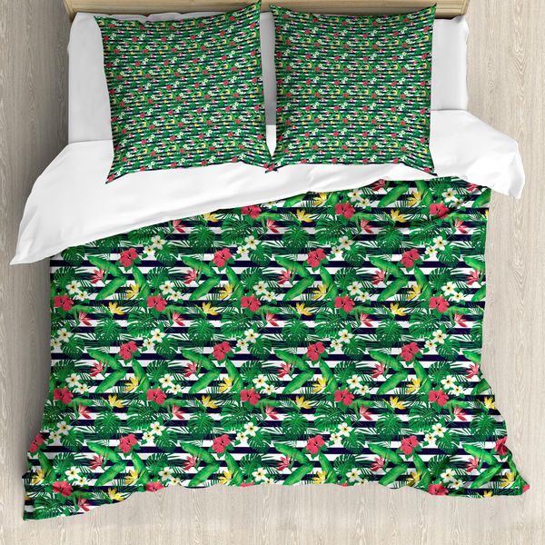 Abakuhaus Set Copripiumino Esotico Per Letti Singoli, Jungle Bouquets Navy Streifen, Antiacaro, Adatto A Chi Soffre Di Allergie, Con Federa, 155 Cm X 220 Cm - 80 X 80 Cm, Multicolore-image