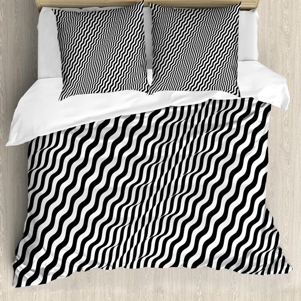Abakuhaus Set Copripiumino Astratto Surreale Per Letti Singoli, A Righe, Antiacaro, Adatto A Chi Soffre Di Allergie, Con Federa, 155 Cm X 220 Cm - 80 X 80 Cm, Grigio Antracite Bianco-image