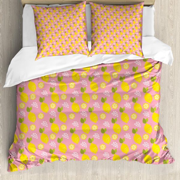 Abakuhaus Set Copripiumino Per Letto Singolo, Motivo Foglie Di Agrumi, Antiacaro, Adatto A Chi Soffre Di Allergie, Con Federa, 200 Cm X 200 Cm - 80 X 80 Cm, Giallo Verde Rosa Chiaro-image