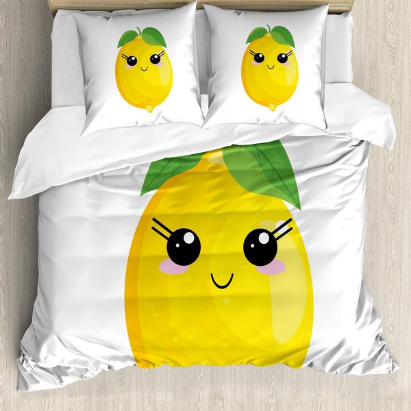 Abakuhaus Set Copripiumino Per Letto Singolo, Simplistic Citrus Kawaii, Antiacaro, Adatto A Chi Soffre Di Allergie, Con Federa, 200 Cm X 200 Cm - 80 X 80 Cm, Verde Lime Earth Giallo-image