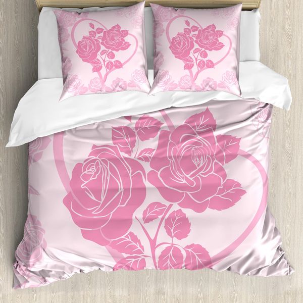 Abakuhaus Set Copripiumino Vintage Valentine Per Letti Singoli, Rose Nel Cuore, Antiacaro, Adatto A Chi Soffre Di Allergie, Con Federa, 200 Cm X 200 Cm - 80 X 80 Cm, Rosa Baby-image