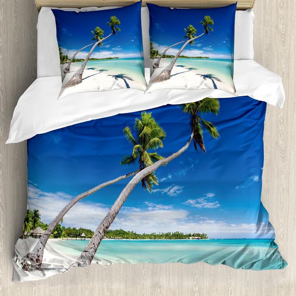 Abakuhaus Set Copripiumino Fiji Per Letti Singoli, Alberi Che Pendono Sopra Una Laguna, Antiacaro Adatto A Chi Soffre Di Allergie Con Federa, 200 Cm X 200 Cm - 80 X 80 Cm, Blu Cobalto-Turchese-image