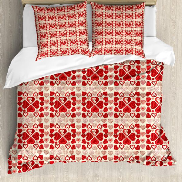 Abakuhaus Set Copripiumino Vintage Valentine Per Letti Singoli, Cuori Appassionati, Antiacaro, Adatto A Chi Soffre Di Allergie, Con Federa, 200 Cm X 200 Cm - 80 X 80 Cm, Color Crema E Vermiglio-image