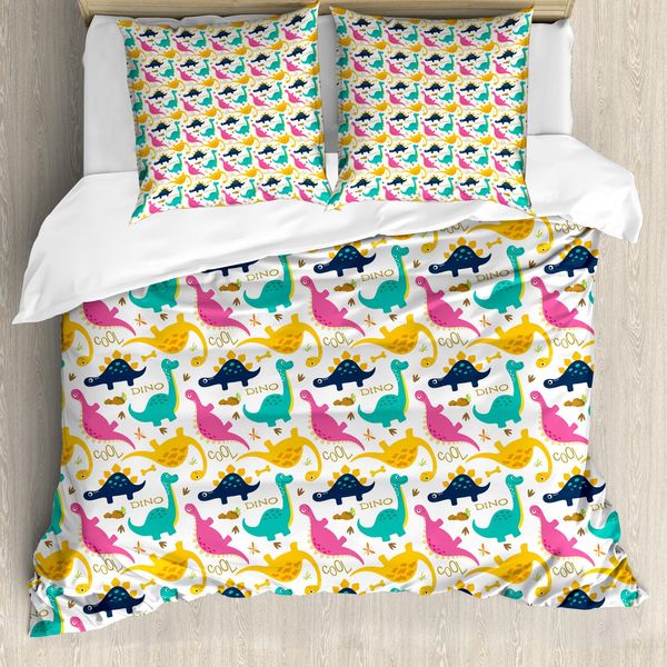 Set Copripiumino Abakuhaus Dino Per Letti Singoli, Disegni Ritmici Di Dinosauri, Antiacaro, Adatto A Chi Soffre Di Allergie, Con Federa, 155 Cm X 220 Cm - 80 X 80 Cm, Multicolore-image