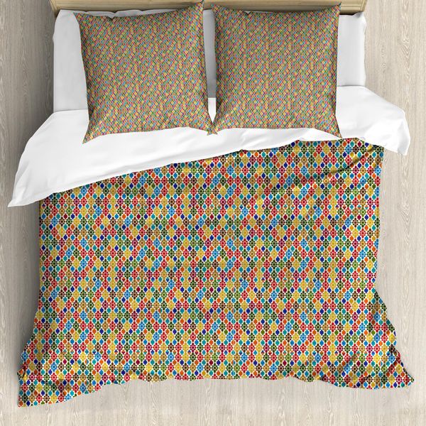 Abakuhaus Set Copripiumino Orientale Per Letti Singoli, Motivo Marocchino Colorato, Antiacaro, Adatto A Chi Soffre Di Allergie, Con Federa, 155 Cm X 220 Cm - 80 X 80 Cm, Grigio Giallo Multicolore-image