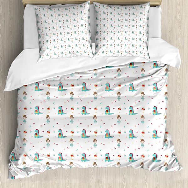 Abakuhaus Set Copripiumino Dino Per Letti Singoli, T-Rex E Principessa, Antiacaro, Adatto A Chi Soffre Di Allergie, Con Federa, 200 Cm X 200 Cm - 80 X 80 Cm, Multicolore-image
