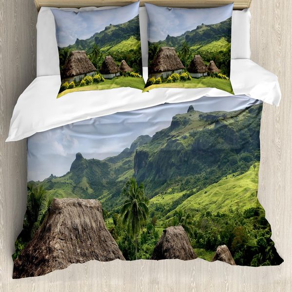 Abakuhaus Set Copripiumino Fiji Per Letti Singoli, Scena Della Groenlandia Navala Village, Antiacaro, Adatto A Chi Soffre Di Allergie, Con Federa, 155 Cm X 220 Cm - 80 X 80 Cm, Verde Oliva Multicolore-image