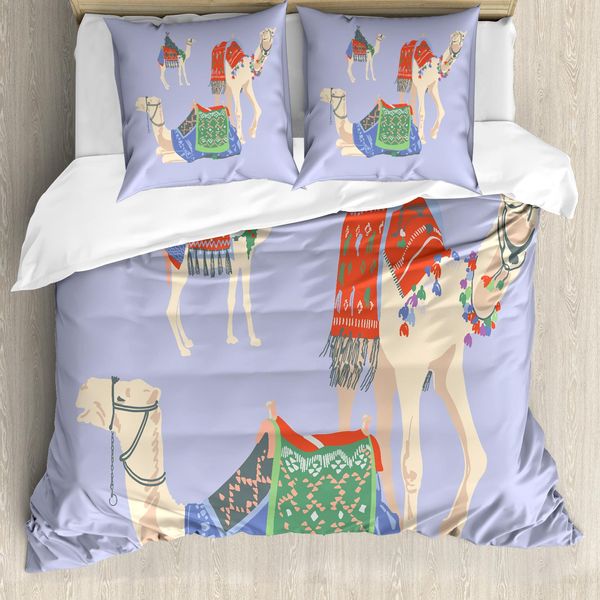Abakuhaus Set Copripiumino Egiziano Per Letti Singoli, Cammelli Con Tappeti, Antiacaro, Adatto A Chi Soffre Di Allergie, Con Federa, 155 Cm X 220 Cm - 80 X 80 Cm, Multicolore-image