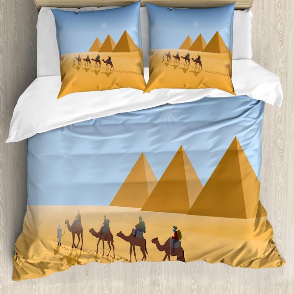 Abakuhaus Set Copripiumino Egiziano Per Letti Singoli, Cammelli Nel Deserto, Antiacaro, Adatto A Chi Soffre Di Allergie, Con Federa, 155 Cm X 220 Cm - 80 X 80 Cm, Pale Sky Blue Brown-image