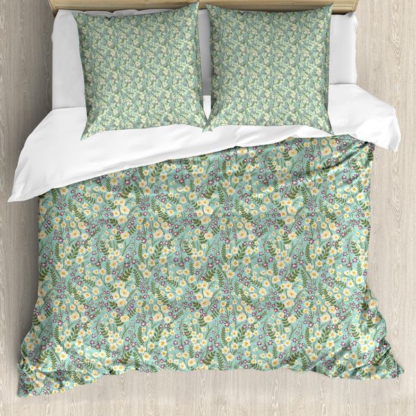 Abakuhaus Set Copripiumino Primaverile Per Letti Singoli, Romantico Prato Fiorito, Antiacaro, Adatto A Chi Soffre Di Allergie, Con Federa, 200 Cm X 200 Cm - 80 X 80 Cm, Seafoam E Multicolor-image