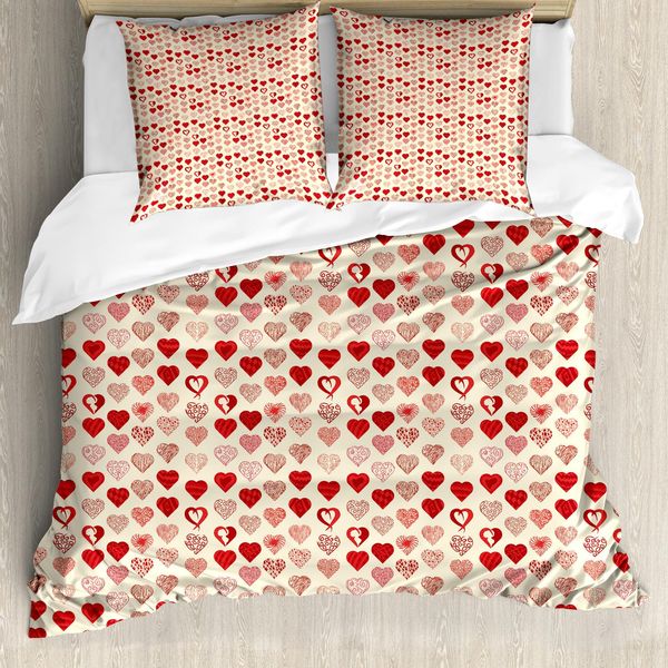 Abakuhaus Set Copripiumino Vintage Valentine Per Letti Singoli, Disegno Doodle A Forma Di Cuore, Antiacaro E Anallergico, Con Federa, 155 Cm X 220 Cm - 80 X 80 Cm, Color Crema E Vermiglio-image