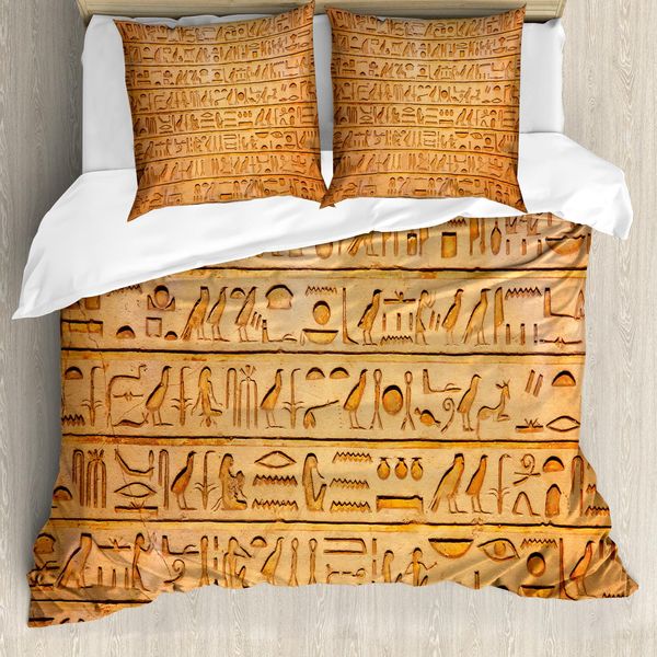 Abakuhaus Egitto Set Copripiumino Per Letti Singoli, Composizione Hieroglyphs, Antiacaro, Adatto A Chi Soffre Di Allergie, Con Federa, 155 Cm X 220 Cm - 80 X 80 Cm, Arancione Pallido Ambra-image