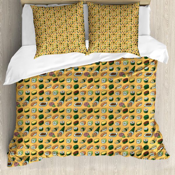Abakuhaus Set Copripiumino Wasabi Per Letti Singoli, Doodle Di Sushi, Antiacaro, Adatto A Chi Soffre Di Allergie, Con Federa, 155 Cm X 220 Cm - 80 X 80 Cm, Arancione Chiaro Multicolore-image