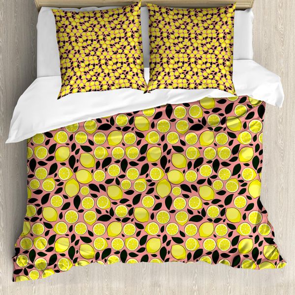 Abakuhaus Set Copripiumino Per Letto Singolo, Tasty Sour Citrus E Foglie, Antiacaro, Adatto A Chi Soffre Di Allergie, Con Federa, 200 Cm X 200 Cm - 80 X 80 Cm, Giallo Corallo Pastello-image