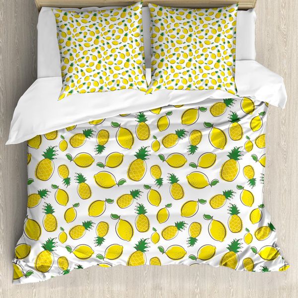 Abakuhaus Set Copripiumino Per Letto Singolo, Tema Frutta Fresca Estiva, Antiacaro E Anallergico, Con Federa, 200 Cm X 200 Cm - 80 X 80 Cm, Fern Green Earth Giallo-image