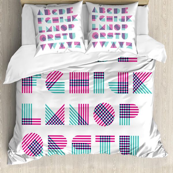 Abakuhaus Set Copripiumino Per Letto Singolo, Lettere Moderne A Strisce, Antiacaro, Adatto A Chi Soffre Di Allergie, Con Federa, 200 Cm X 200 Cm - 80 X 80 Cm, Turchese Rosa-image