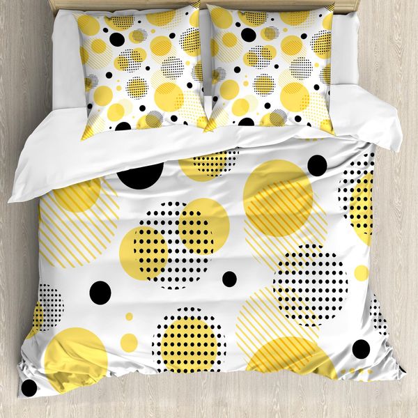 Abakuhaus Set Copripiumino A Pois Gialli Per Letti Singoli, Serie Spots Kunst, Antiacaro, Adatto A Chi Soffre Di Allergie, Con Federa, 155 Cm X 220 Cm - 80 X 80 Cm, Senape Grigio Antracite-image