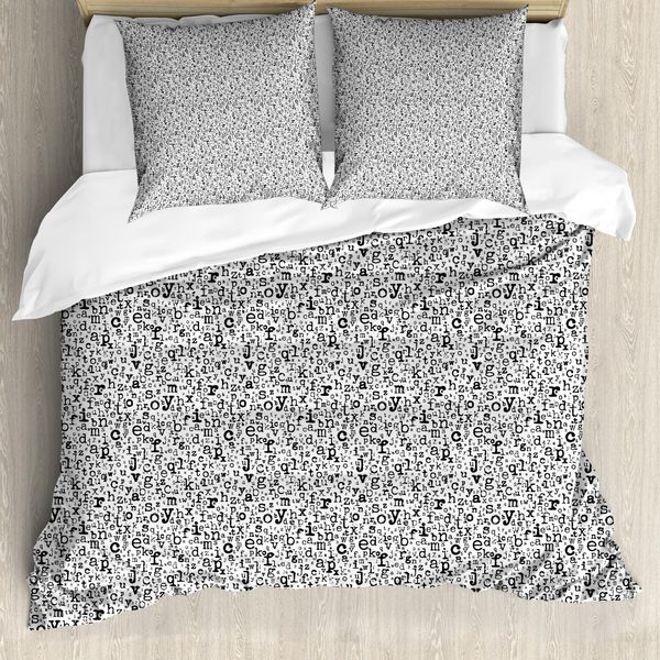 Abakuhaus Set Copripiumino Per Letto Singolo, Design Monocromatico Con Lettere, Antiacaro E Anallergico, Con Federa, 200 Cm X 200 Cm - 80 X 80 Cm, Grigio Antracite E Bianco-image