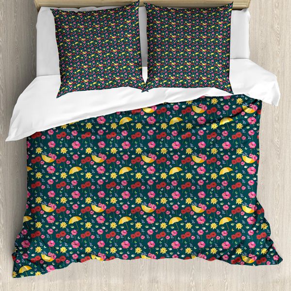 Abakuhaus Set Copripiumino Per Letti Singoli, Fiori, Ombrelli E Uccelli, Antiacaro, Adatto A Chi Soffre Di Allergie, Con Federa, 155 Cm X 220 Cm - 80 X 80 Cm, Verde Acqua Scuro Multicolore-image