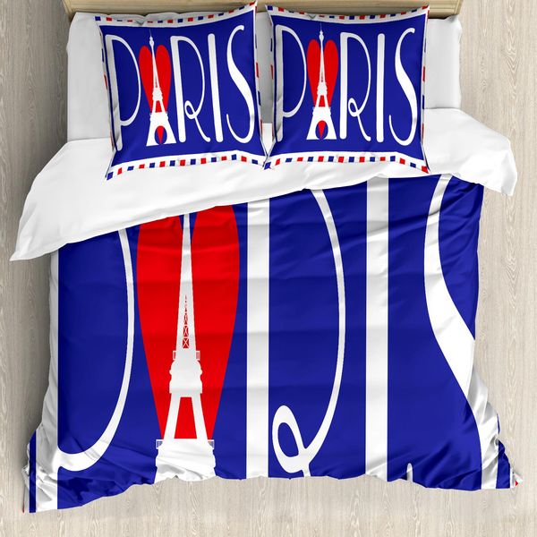 Abakuhaus Set Copripiumino Per Letto Singolo Torre Eiffel, Scritta Bold Paris, Antiacaro, Adatto A Chi Soffre Di Allergie, Con Federa, 200 Cm X 200 Cm - 80 X 80 Cm, Viola Scuro Corallo Scuro-image